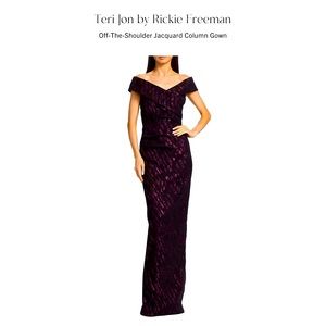 NWT Rickie Freeman for Teri John Off-The-Shoulder Jacquard Column Gown, Merlot